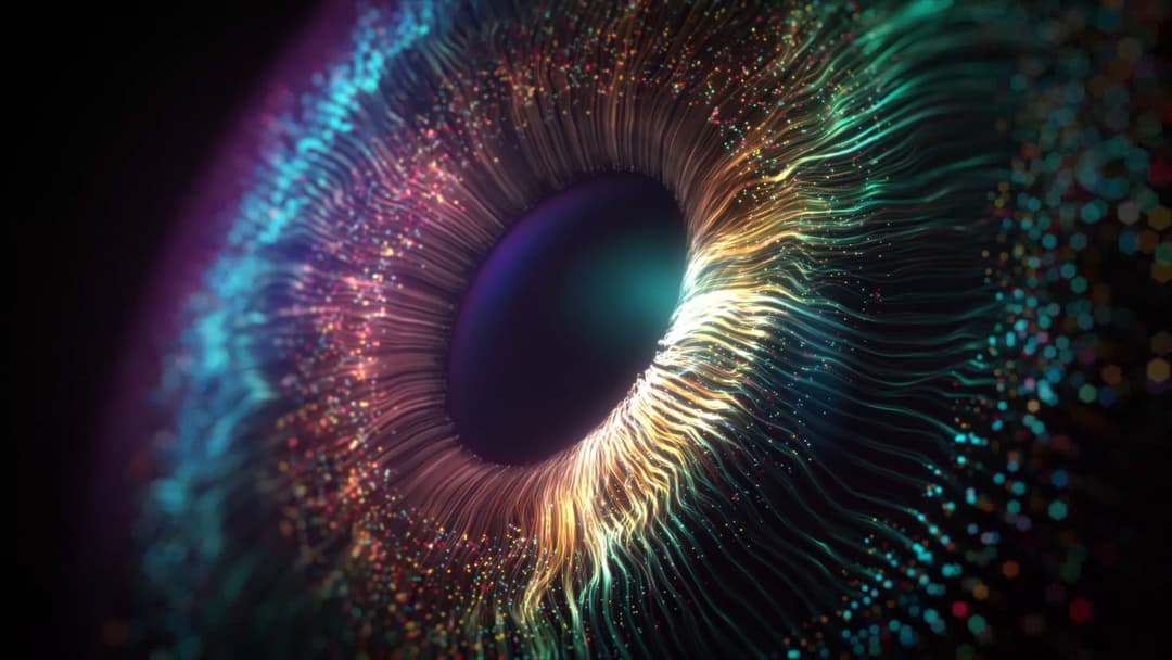 Image of an eye made out of ethereal digital elements